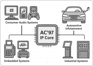 AC'97 Applications The AC'97 IP core from CAST helps developers take advantage of AC'97 for many audio applications.