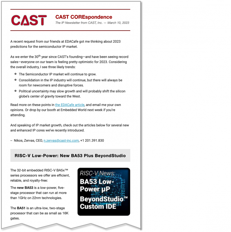 CAST IP newsletter has product updates, technical tips, and more IP cores news